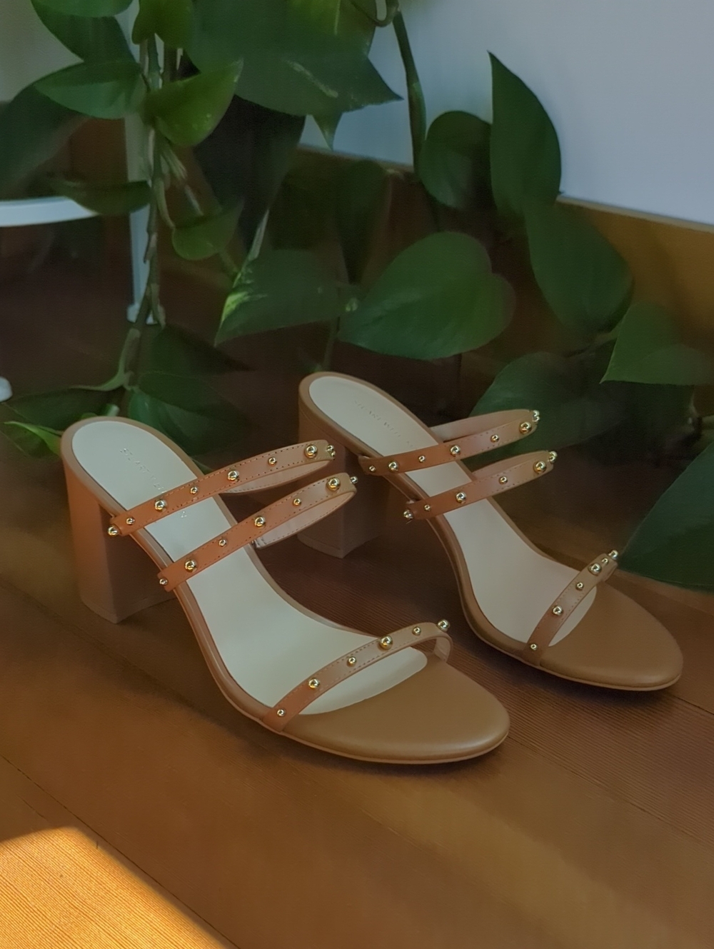 New Stuart Weitzman Gold Studded Tan Block Heel Slide Sandals, Size 10